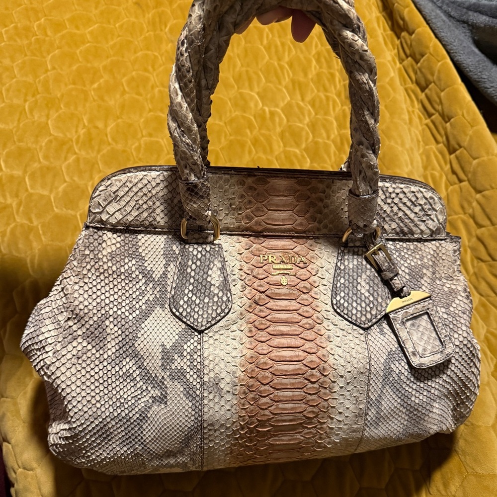 Prada Tan and Brown Snake Print Satchel - Picture 9 of 12